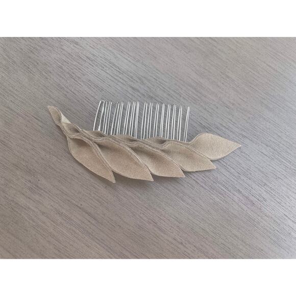 Artisan Handmade Taupe Suede Leather Petal Hair Comb - Picture 2 of 8